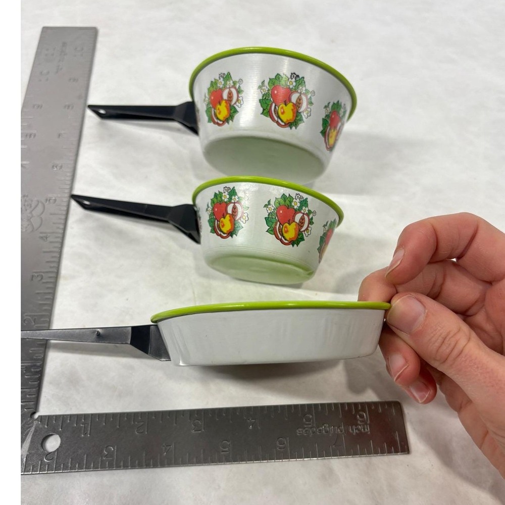 Vintage Aluminum Toy Pots and Pan Set Green Fruit Floral Kids Doll Cookware 3pc